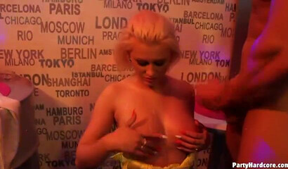 Big tit blonde gets into amazing public orgy with big dicks