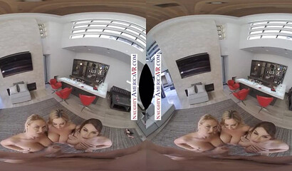 Three blonde babes giving a titjob with their big boobs in POV