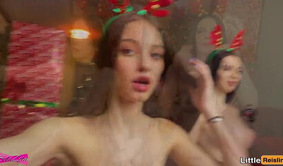 Petite teen babes got two big hard cock for Christmas