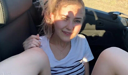 Petite amateur blonde teen sucking and riding dick in a car