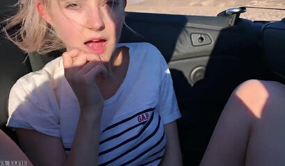 Petite amateur blonde teen sucking and riding dick in a car