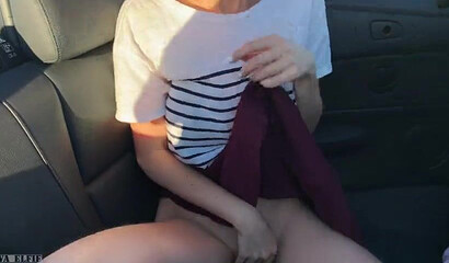Petite amateur blonde teen sucking and riding dick in a car