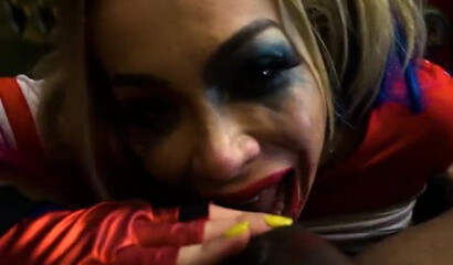 Chessie Kay as Harley Quinn gagging and deepthroating big black cock