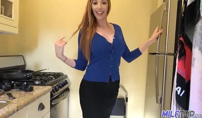 Busty redhead Lauren Phillips gives a blowjob and cock riding to her client