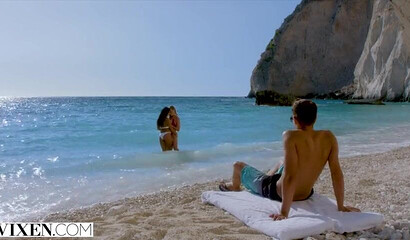Threesome on the public beach with Alexis Crystal and Lexi Dona