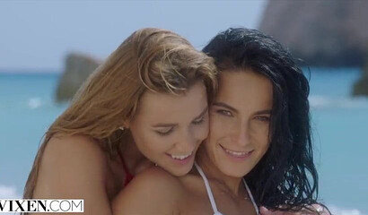 Threesome on the public beach with Alexis Crystal and Lexi Dona