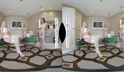 Two blondes and one brunette pleasure stiff sausage VR