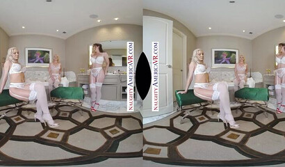 Two blondes and one brunette pleasure stiff sausage VR