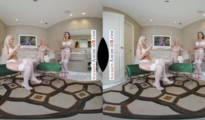 Two blondes and one brunette pleasure stiff sausage VR