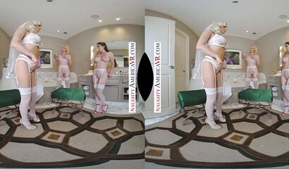 Two blondes and one brunette pleasure stiff sausage VR