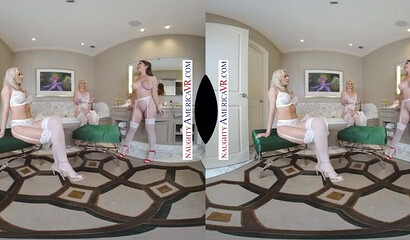 Two blondes and one brunette pleasure stiff sausage VR