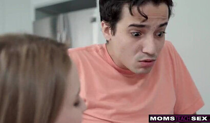 Blonde mom and teen enjoy horny boyfriend's stiff prick on a couch