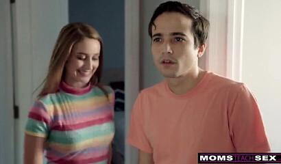 Blonde mom and teen enjoy horny boyfriend's stiff prick on a couch