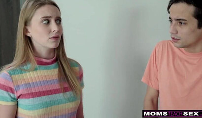 Blonde mom and teen enjoy horny boyfriend's stiff prick on a couch