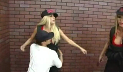 Blonde big titted MILFs Gina Lynn and Nikki Benz share long stiff cock