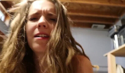 Sexy girlfriend with big tits and curly hair takes stiff dick between her legs