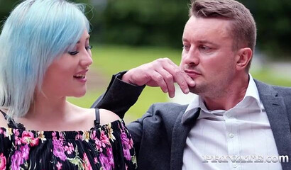 Blue haired teen Ashly Anderson sits on one stiff boner while getting other one anally