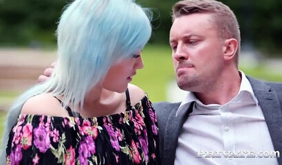 Blue haired teen Ashly Anderson sits on one stiff boner while getting other one anally