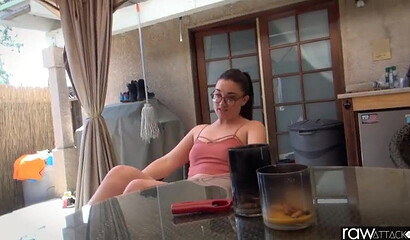 Nerdy teen with ponytail Kat Monroe enjoys hardcore slam on a chair