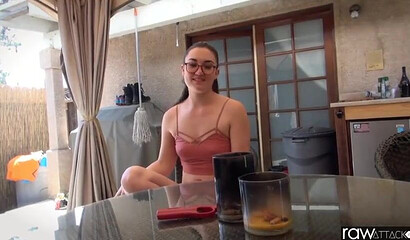 Nerdy teen with ponytail Kat Monroe enjoys hardcore slam on a chair