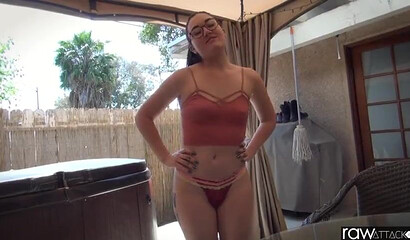 Nerdy teen with ponytail Kat Monroe enjoys hardcore slam on a chair