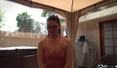 Nerdy teen with ponytail Kat Monroe enjoys hardcore slam on a chair