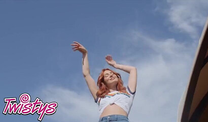 Pretty redhead with big tits Lacy Lennon sticks several fingers in her love holes