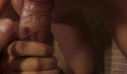 Slutty sister with nice ass kneels and gives phenomenal blowjob in shower