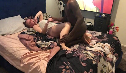 Sexy white girl takes big black dick while her parents are out