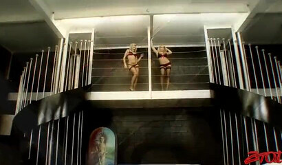 Slutty bitches with big breasts in hot lingerie share stiff pole