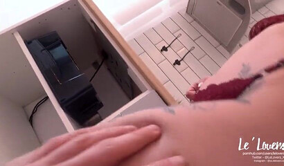 Slender amateur blondie kneels to suck dick and gets banged in the kitchen