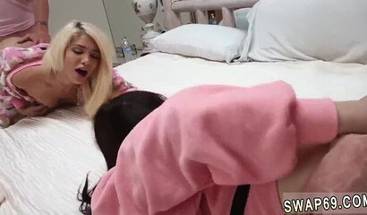 Blonde and brunette teens share their dads in lusty foursome