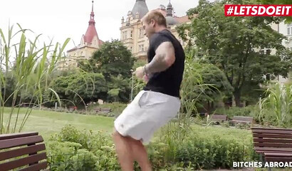 Blonde slut with piercing and big tits slides dick between her legs