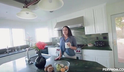 Black haired stepmom reveals her big ass and rides big knob POV