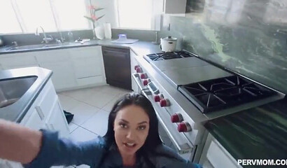 Black haired stepmom reveals her big ass and rides big knob POV