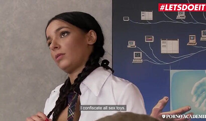 Skinny schoolgirl with big tits Michael Cheritto gets rammed by two friends