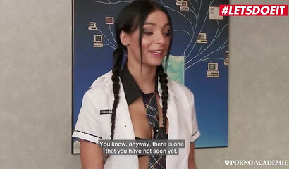 Skinny schoolgirl with big tits Michael Cheritto gets rammed by two friends