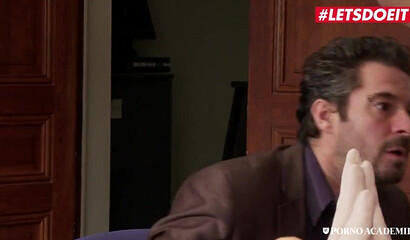 Skinny schoolgirl with big tits Michael Cheritto gets rammed by two friends