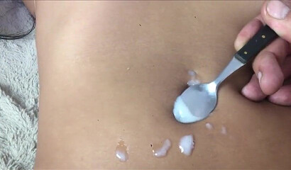 Bubble butted teen with tiny tits gets banged before eating spoon of cum
