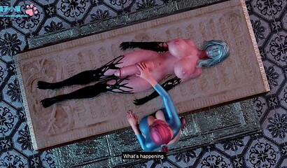Curvy animated girl with huge tits takes huge cock from shemale