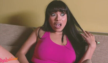 Hot redhead and busty black haired stepsisters getting intimate on the floor