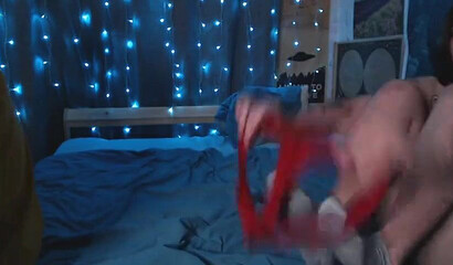 Slutty cutie with nice titties shows blows stiff prick on webcam