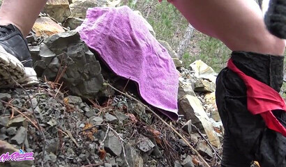 Amateur babe with wonderful bosoms strips and pleasures her clam outdoors