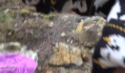 Amateur babe with wonderful bosoms strips and pleasures her clam outdoors