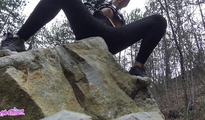 Amateur babe with wonderful bosoms strips and pleasures her clam outdoors