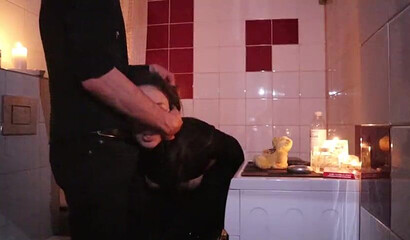 Horny amateur girlfriend gets face fucked and her twat filled in the toilet