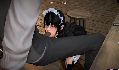 Busty anime brunette maid drilled rough and hard