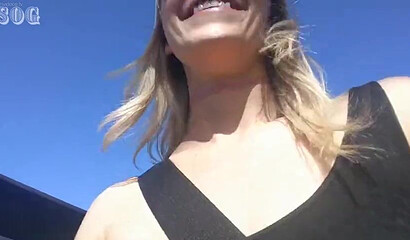 Horny blonde Ginger Banks rubs her bald pussy outdoors