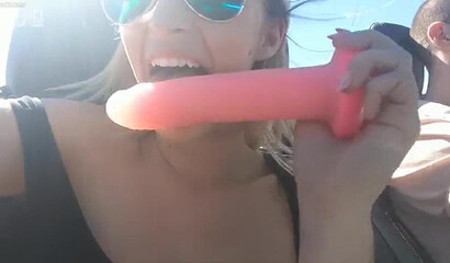 Horny blonde Ginger Banks rubs her bald pussy outdoors