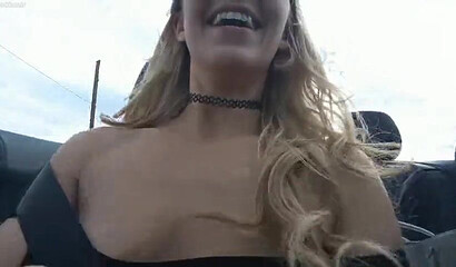 Horny blonde Ginger Banks rubs her bald pussy outdoors